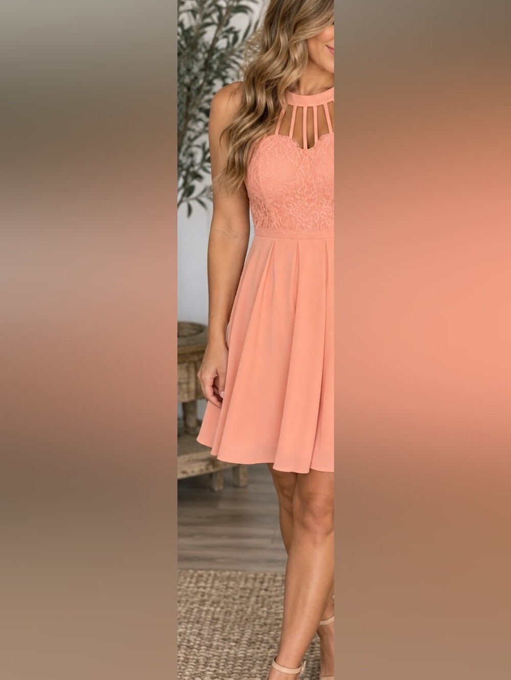 Papaya soft salmon-pink dress featuring a delicate lace bodice with a strappy cu